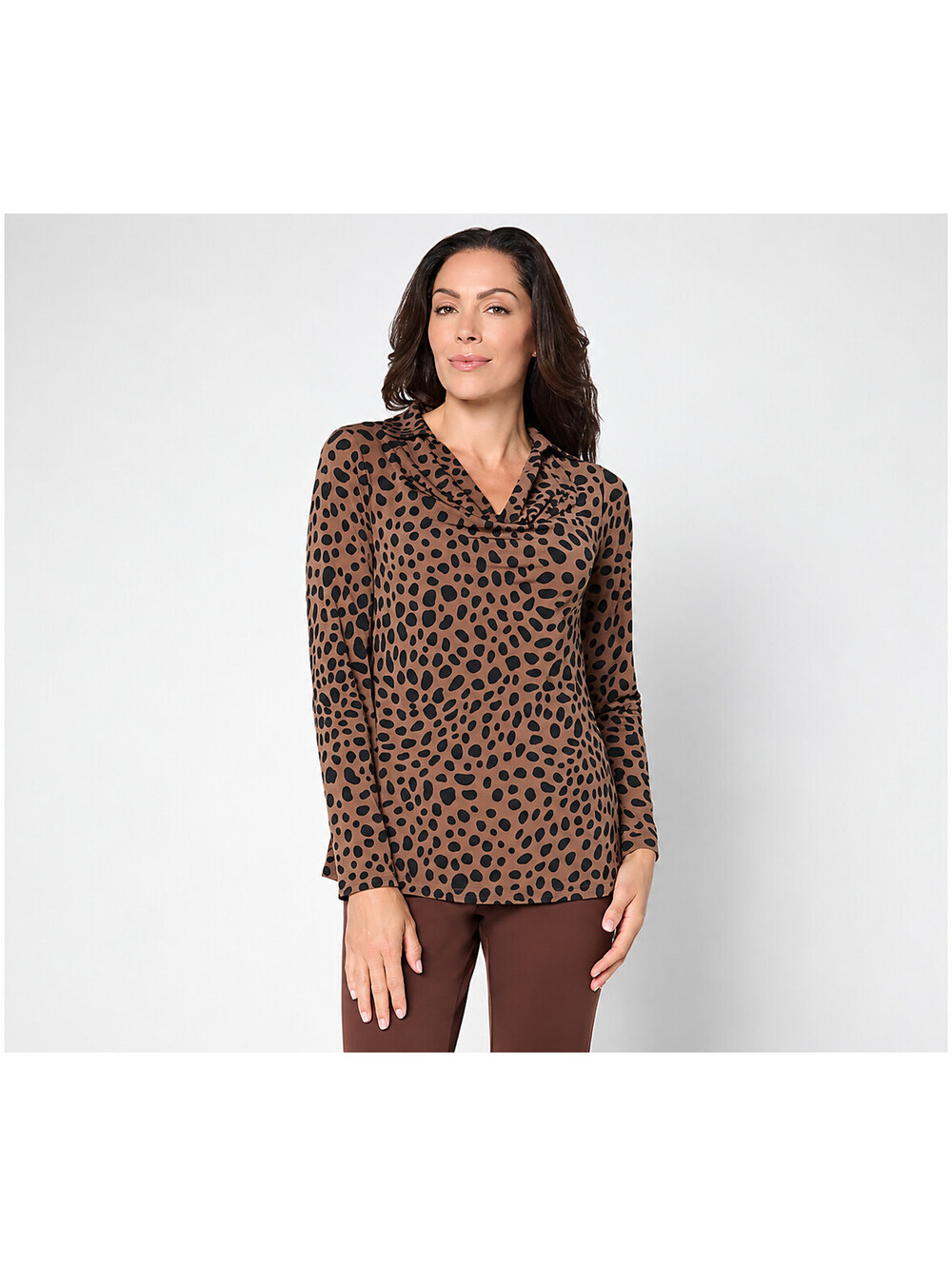Susan Graver Printed Liquid Knit Cowl-Neck Long- Sleeve Top brown/black, 1X